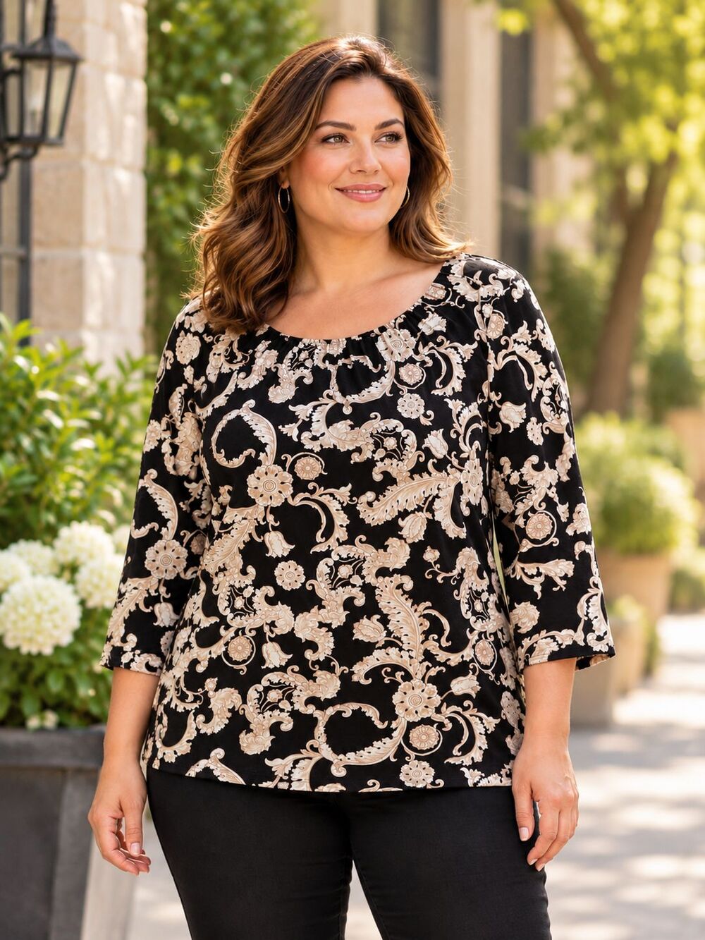 Talbots 1X Black Beige Paisley Floral Top 3/4 Sleeve Pima Cotton Modal Stretch